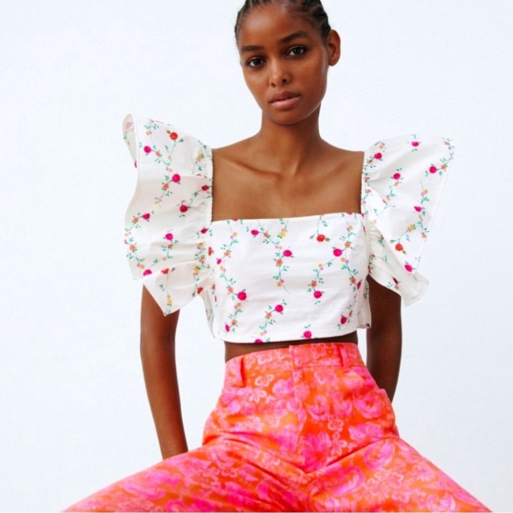 Zara Floral White Crop Top